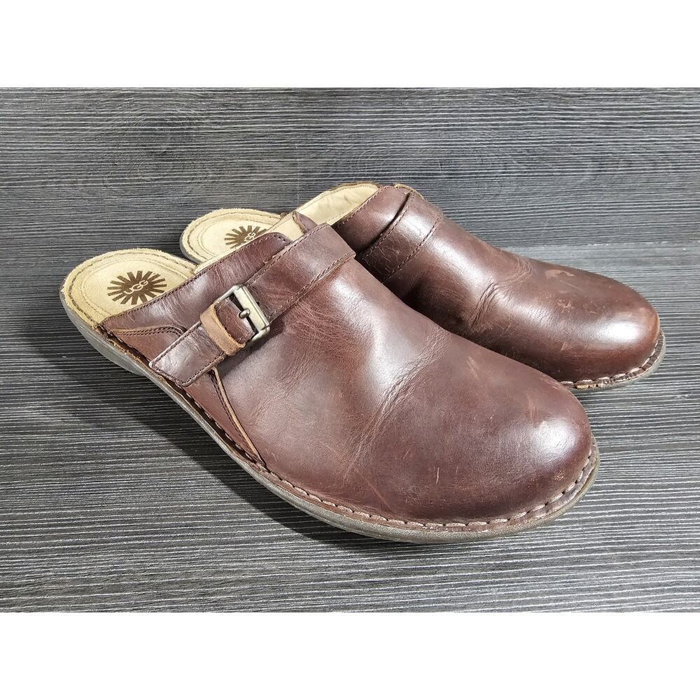 UGG Australia Livia Brown Leather Sherpa Lined Mules Womens Size 12 Clogs